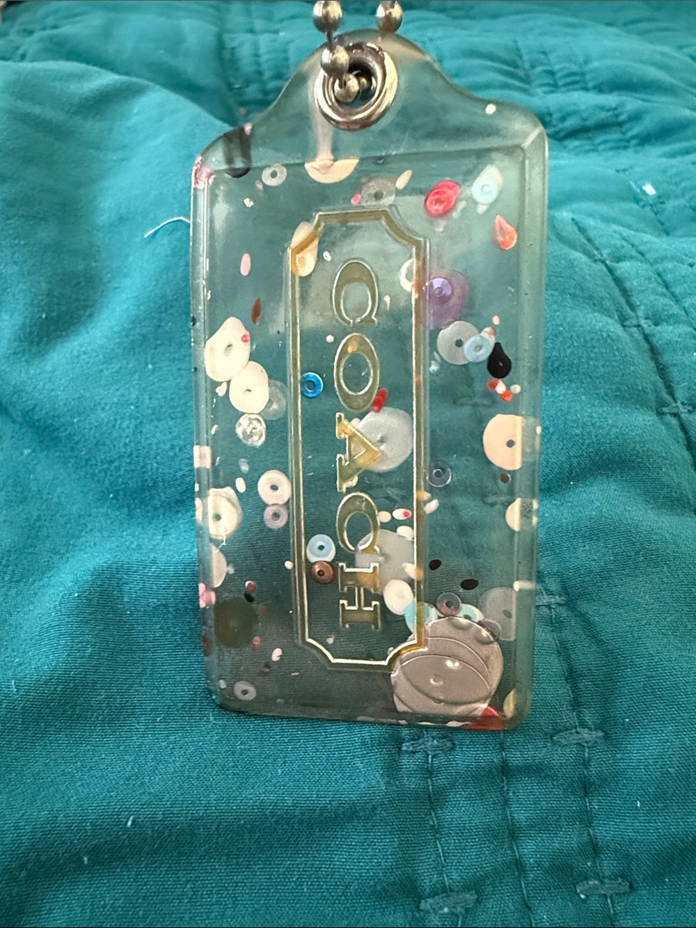 Coach Clear Confetti Resin Large Hang Tag with Ball Chain EUC